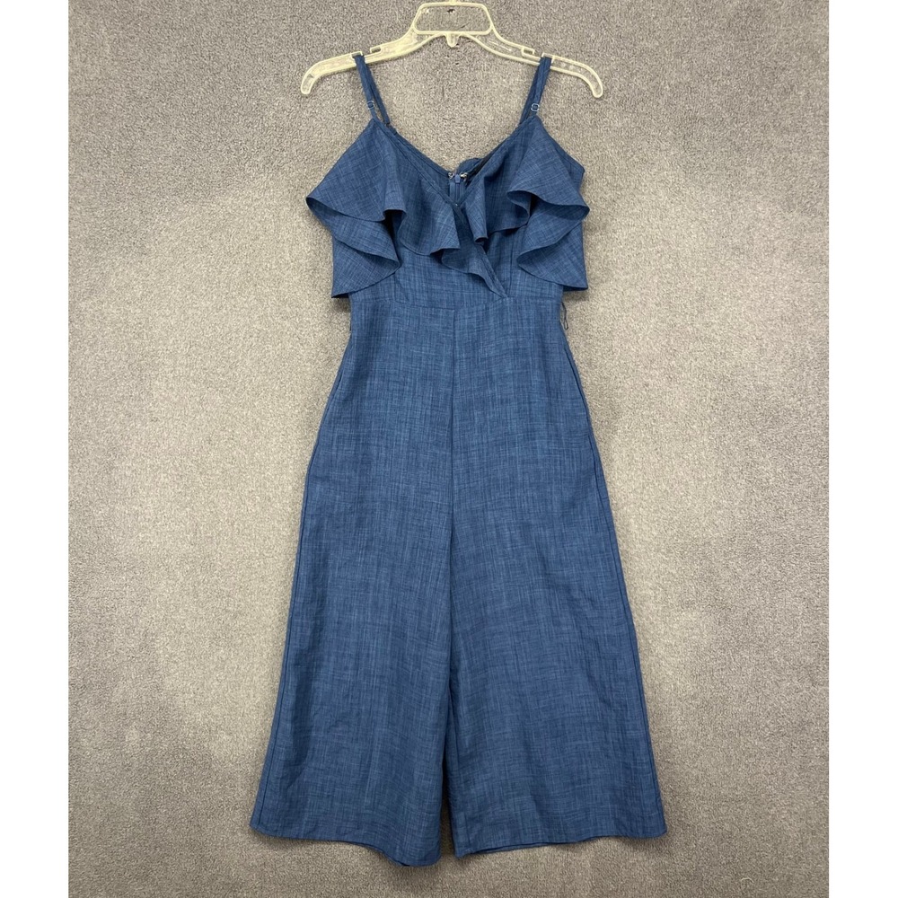 Lulus Ruffle Wide Leg Jumpsuit Women XS Blue crop Surplice Cold Shoulder Culotte - Picture 1 of 15